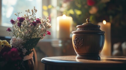 Fototapeta premium A wooden casket in a room filled with flowers, lit by candles as a memorial tribute.