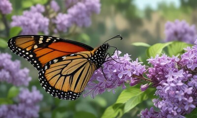 Obraz premium Monarch butterfly exploring the scented lilac flowers with its proboscis and antennae, floral details, spring bloom, scented flowers