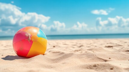 Obraz premium Bright beach ball rests on sandy shore under a clear sky with fluffy clouds in expansive ocean view