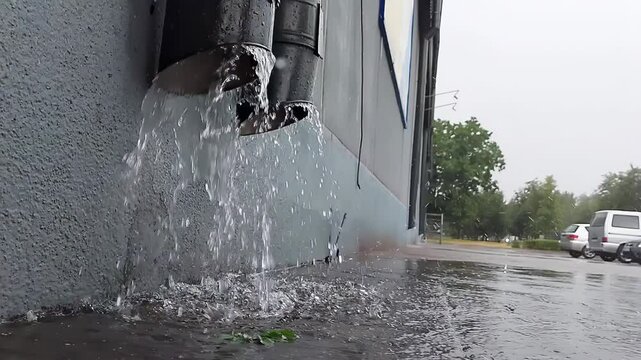 Rainstorm a lot of water pours from a drainpipe on the street against the background of the city. Copy space for text, slow motion