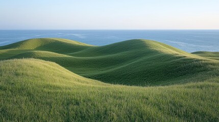 Fototapeta premium Rolling green hills meet the sea under clear sky.