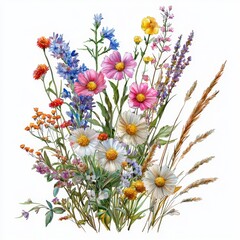 Fototapeta premium Colorful Wildflower Bouquet Arrangement Featuring Various Blooming Species and Greenery