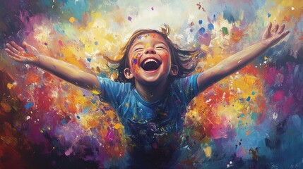 Joyful Child in a Burst of Color: An Expression of Unbridled Happiness