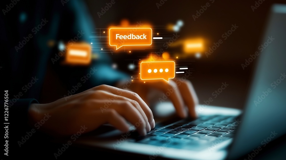 Poster hands typing on laptop with floating feedback icons in dark background representing digital communic