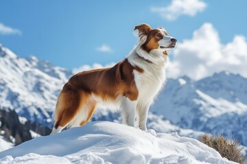 A brown and white dog is standing on a snowy mountain. The dog is looking up at the sky, and the mountains in the background create a sense of awe and wonder. The scene is peaceful and serene