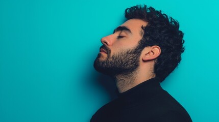 Man Leaning Against Wall with Closed Eyes in Contemplative Pose on Blue Background