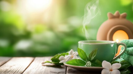 Spa Calming Relaxation Therapy Herbal tea and essential oils on a spa table, natural ingredients and soft lighting promote wellness