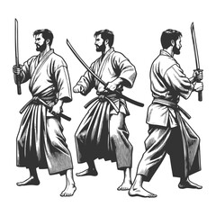 Fototapeta premium samurai warriors wearing traditional robes, one holding a katana and the other in a defensive stance sketch engraving generative ai vector illustration. Scratch board imitation. Black and white image.