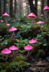 Neon pink mushroom caps scattered throughout the undergrowth, macro photography, wild nature