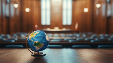 Globe in Courtroom Showing Justice and Global Perspective