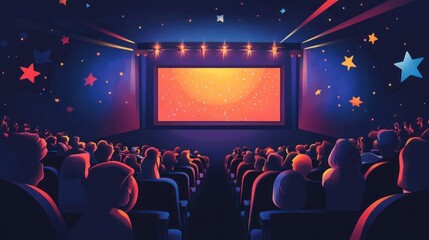 Festive movie premiere night, full cinema audience watching film on big screen.