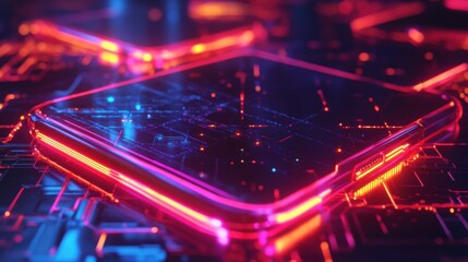 Smartphone on technology background. Neon glowing mobile phone on abstract dark background. Futuristic network connection