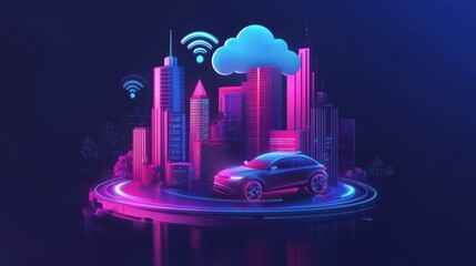 Social networking city and town with automation car on the world symbols moving from buildings to cloud using wifi. Vector illustration, penology, communication, generation, modern, generate by AI