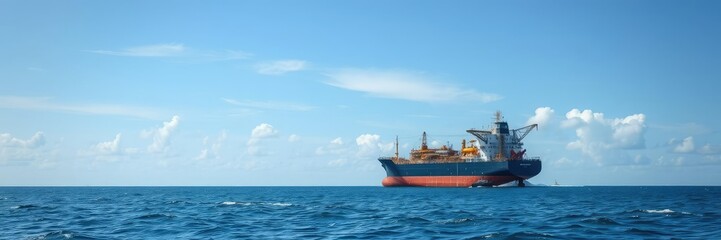 Fototapeta premium Oil rig in the Gulf of Mexico with a large oil tanker ship in the background, offshore drilling, industrial equipment