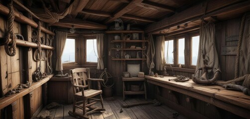 Old wooden ship's cabin with ropes and anchors, maritime antiques, vintage navigation, nautical decor