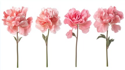 Set of beautiful pink peony flowers on white background