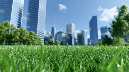 Fototapeta premium Lush Green Grass Underneath a Clear Blue Sky Surrounded by Urban Skyscrapers