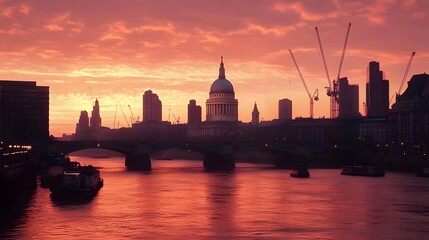 Fototapeta premium A stunning sunset over a city skyline featuring a prominent dome and bridges.