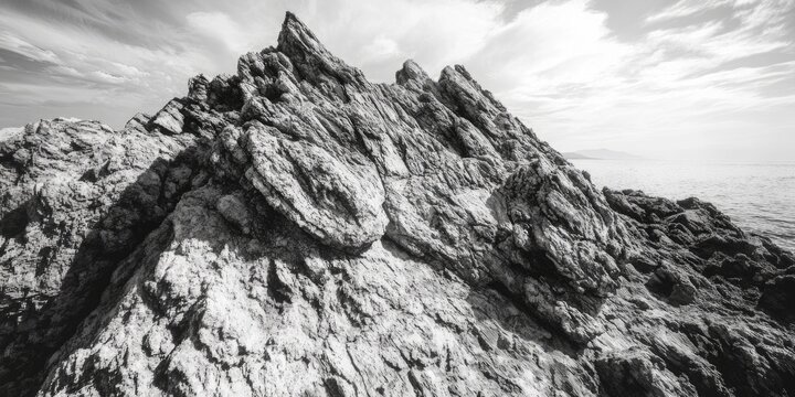 A mountain with a rocky peak and a cloudy sky. The mountain is covered in rocks and he is very tall
