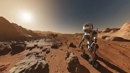 A humanoid robot astronaut on a Mars colonization mission, barren Martian landscape with red rock formations and distant planetary vistas, High-tech style