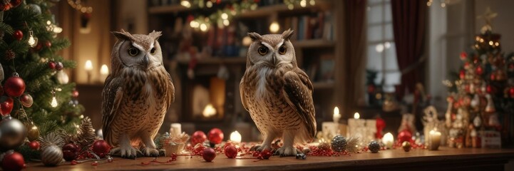 Owl in a room filled with Christmas decorations, owl, nature