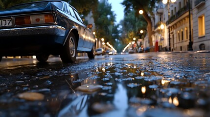 Reflections of a Rainy City Night with a Glossy Black Car