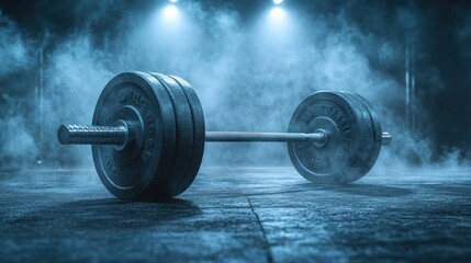 Gym barbell weights smoky dark room fitness