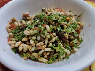 Close up of Bhel puri Indian namkeen (snacks)