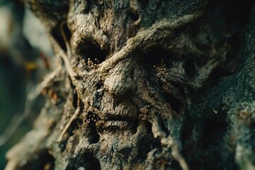 Fototapeta premium A person's face carved into a tree stump, with intricate details and expressions