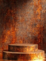 A rustic wooden podium with two round pedestals. The podium is surrounded by a wall with a textured, weathered appearance. Scene is rustic and vintage, evoking a sense of history and nostalgia