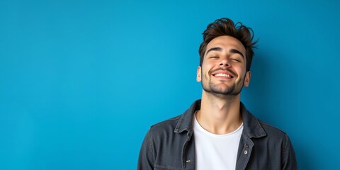 Fototapeta premium Radiant smile, eyes closed in bliss; a young man basks in pure joy against a vibrant blue backdrop.