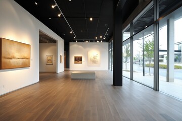 Fototapeta premium Modern Art Gallery Interior with Minimalist Design and Natural Lighting, Ideal for Exhibitions and Events