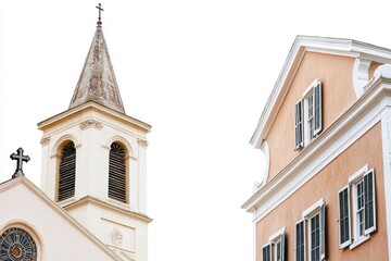 Obraz premium A historic church steeple with an old clock on its side, ideal for use in historical or architectural context