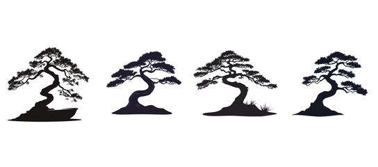 Naklejka premium Simple black logo of an old Japanese bonsai tree, white background