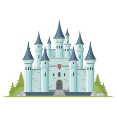 Obraz premium Iconic fairytale castle with blue towers, surrounded by greenery, on a white background. Concept of magic and fantasy. Vector illustration
