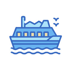 River Cruise Icon on blue water with mountains in the background