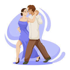 Couple dancing tango in elegant attire, surrounded by soft abstract shapes on a white background. Concept of dance passion. Vector illustration