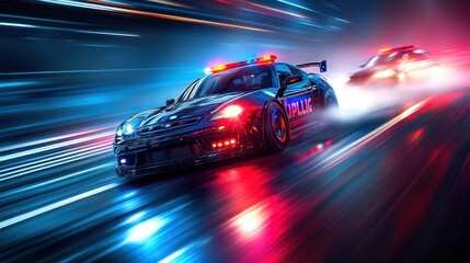 High-speed police chase, city night, blurred lights, arrest