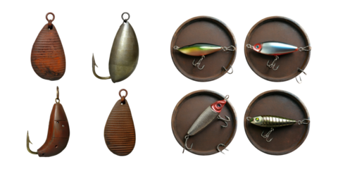Various Fishing Lures on Display, PNG collection, set bundle, isolate on transparent or white background