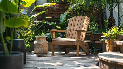 Obraz premium Wooden Adirondack Chair Amidst Lush Tropical Garden