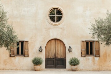Fototapeta premium Charming estate exterior with rustic wooden door and olive trees in a tranquil Mediterranean setting during a sunny afternoon