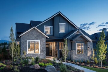 The stunning exterior of a modern house is beautifully illuminated at dusk, showcasing meticulously maintained landscaping and a warm, inviting glow radiating from its windows