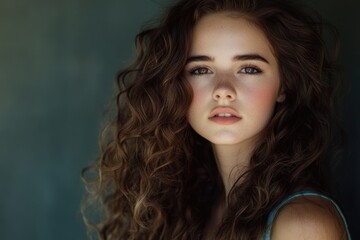 Fototapeta premium A beautiful young woman with long curly hair posing in front of a neutral background