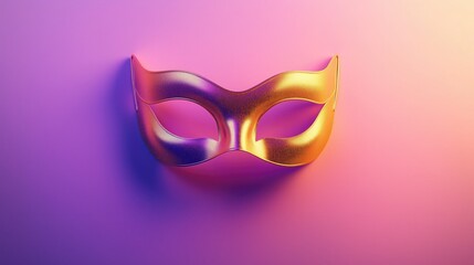 Shiny golden masquerade mask set against a vibrant gradient background of pink and purple, exuding an air of mystery and elegance. Mardi Gras theme. 