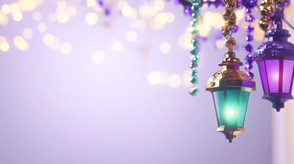Colorful hanging lanterns in shades of green and purple, along with glittering bead strands, set against a soft, blurred background of twinkling lights, Mardi Gras theme. 