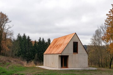 Obraz premium A contemporary concrete house, featuring a striking copper roof, nestles among lush trees in a serene natural environment under cloudy skies