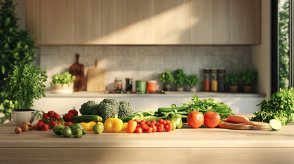 Fresh Vegetables on Wooden Table in Modern Kitchen
