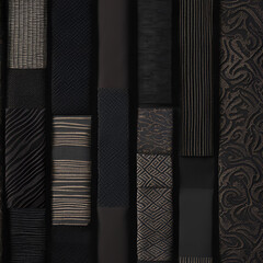 A collection of black fabrics with intricate patterns and textures, featuring golden accents for an...