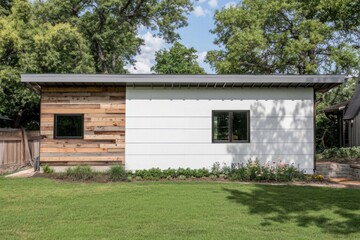 Obraz premium Modern house exterior with wooden and white panels surrounded by greenery in a peaceful neighborhood showcasing contemporary architectural design