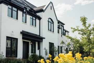 A contemporary white home stands elegantly amidst vibrant greenery and cheerful bright yellow flowers, all bathed in sunlight on a beautiful day in a picturesque suburban neighborhood